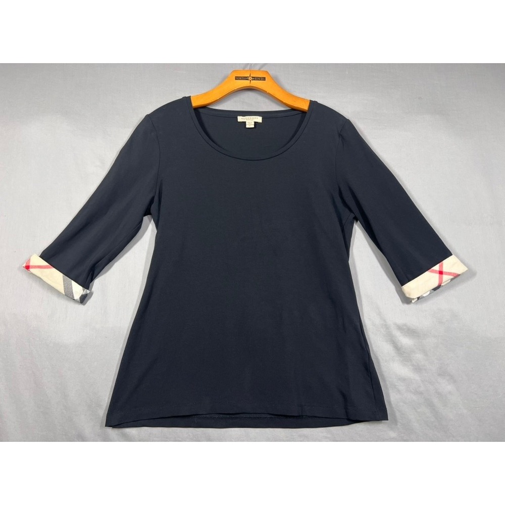 Burberry Brit Black Nova Check Cuff 3/4 Sleeve Scoop Neck Top Size M
